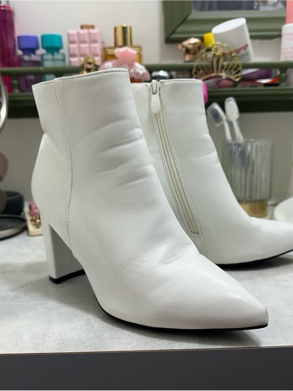 Chic White Pointed-Toe Ankle Booties with Side Zip